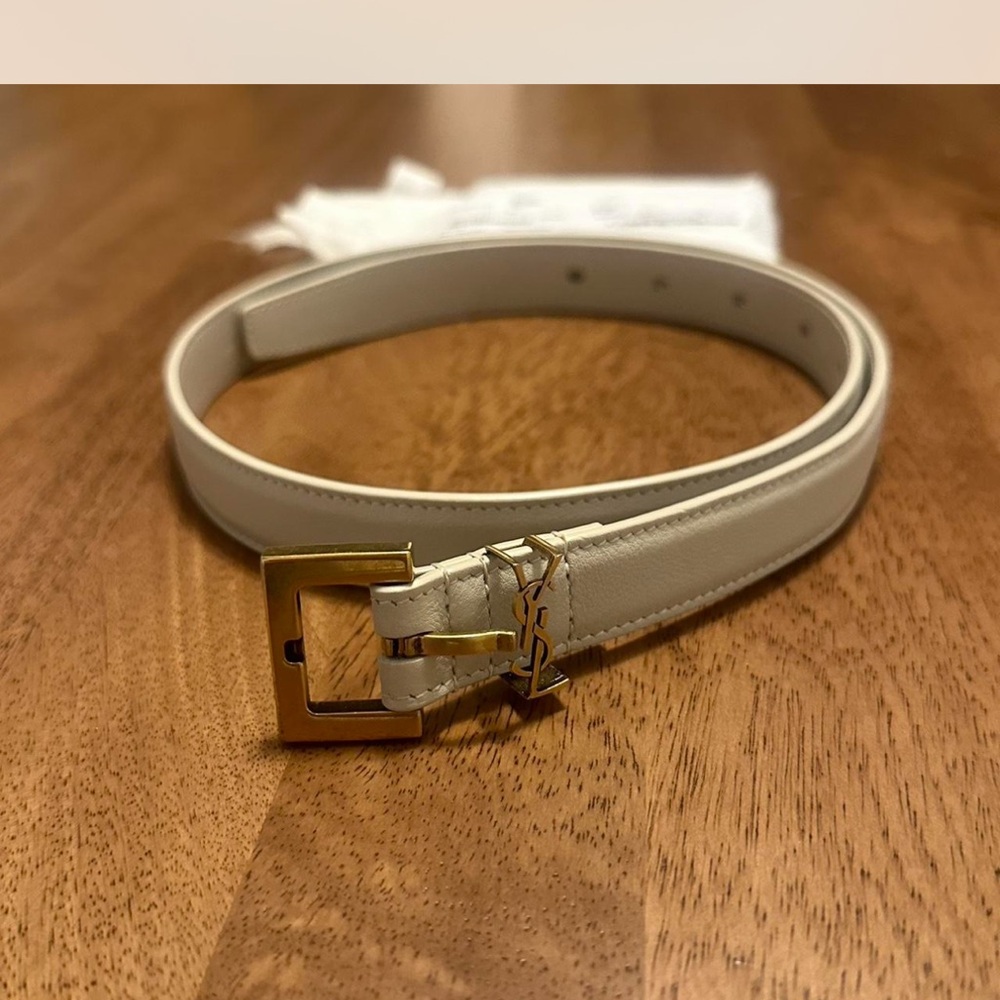 Saint Laurent Cream Belt with Gold Buckle YSL